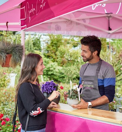 Verkaufsgespräch zwischen dem Verkäufer der Gärtnerei und einer Kundin unter einem pinken Faltpavillon mit Vordach.