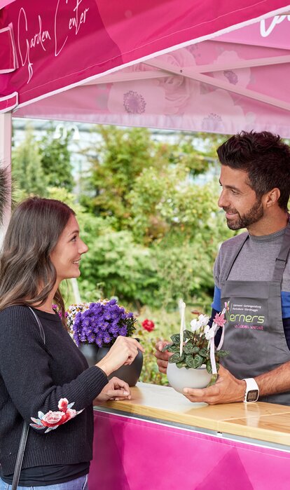 Sales negotiations between the seller of the garden center and a client under a pink gazebo with awnings. 