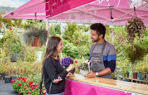 Sales negotiations between the seller of the garden center and a client under a pink gazebo with awnings. 