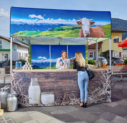 Der Faltpavillon ist für einen Milchhof bedruckt worden. Auf dem Marktzelt ist eine Kuh zu sehen und die Weide. Die Verkäuferin erklärt der Kundin die Milch.