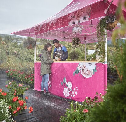 In pink und rosa bedruckter Faltpavillon mit Vordach auf einem Markt. Der Verkäufer zeigt der Kundin die Blume unter dem Vordach. Es regnet in Strömen.