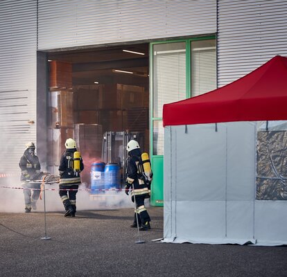 Rescue folding gazebo with red roof white side walls with door, window and mosquito net - fire brigade