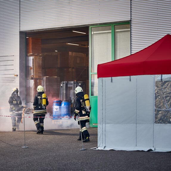 Rescue folding gazebo with red roof white side walls with door, window and mosquito net - fire brigade