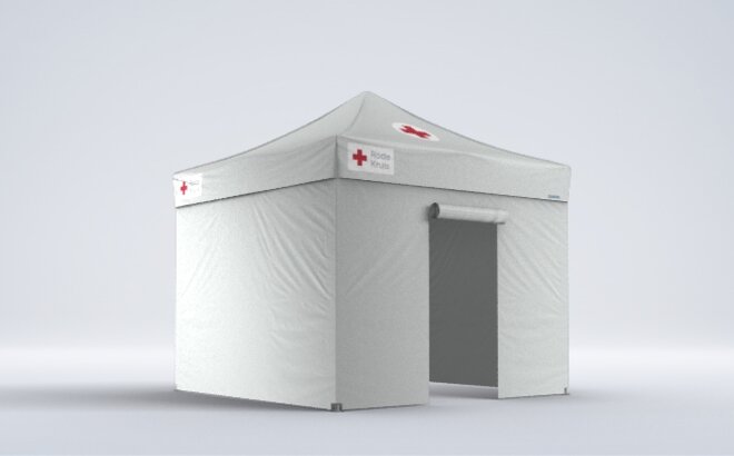 The white medical tent has very compact dimensions. It has three closed side walls and a side wall with a door.