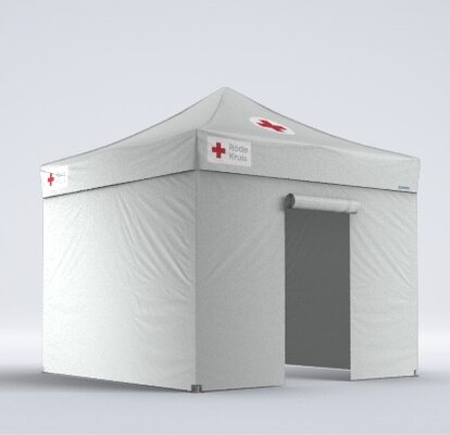 The white medical tent has very compact dimensions. It has three closed side walls and a side wall with a door.