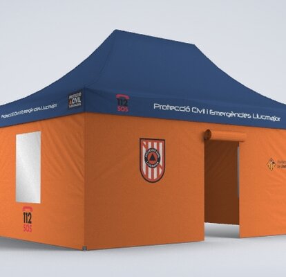 The civil protection rescue tent has orange side walls and a blue roof. It measures 6x4m and is printed. 