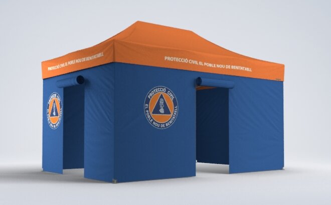 Das Rettungszelt für den Zivilschutz hat blaue Seitenwände mit 2 aufrollbaren Türen. Es hat ein oranges Zeltdach. Das Rettungszelt ist mit dem Logo des Zivilschutzes bedruckt. 