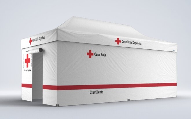The medical tent from Mastertent is printed at all sides with a red stripe. It has a roll-up door and has a size of 6x3 m. 