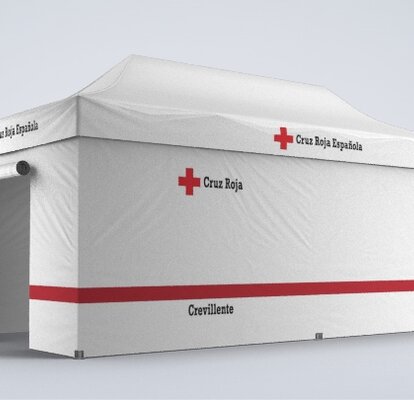 The medical tent from Mastertent is printed at all sides with a red stripe. It has a roll-up door and has a size of 6x3 m. 