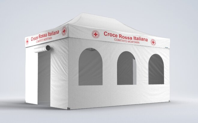 The white rescue tent is printed with the inscription "Croce Rossa". It has a roll-up door and several arched tent windows. 