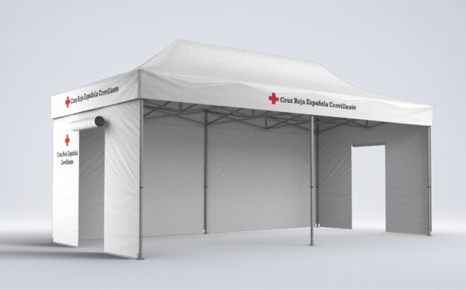 The medical tent from Mastertent has 3 side walls. On each of the narrower sides it has a roll-up door. It is pictured with the opening to the front.