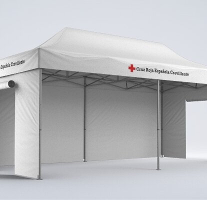 The medical tent from Mastertent has 3 side walls. On each of the narrower sides it has a roll-up door. It is pictured with the opening to the front.