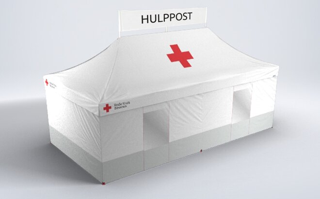 The 8x4 m medical tent from Mastertent has highly visible reinforced side walls. The model Kit Rescue is white and printed. It has a printed banner on the tent roof.