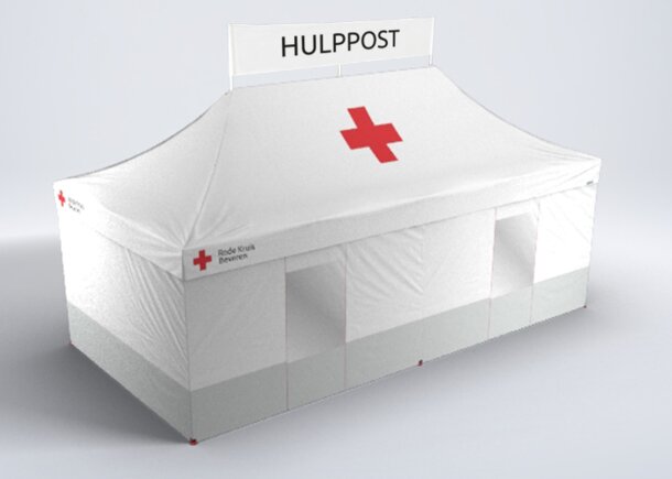 The 8x4 m medical tent from Mastertent has highly visible reinforced side walls. The model Kit Rescue is white and printed. It has a printed banner on the tent roof.