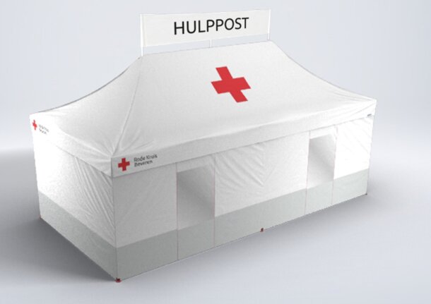 The 8x4 m medical tent from Mastertent has highly visible reinforced side walls. The model Kit Rescue is white and printed. It has a printed banner on the tent roof.