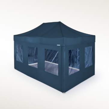 Faltpavillon 8x4 m blau mit Seitenwände mit PVC-Fenstern