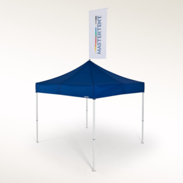 Carpa plegable 3x3 m azul con una bandera imprimida con el logo de Mastertent