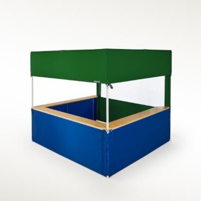 Pavilion pliabil 3x3 m bordo cu marchiză, cu pereți laterali semiînălțime cu tejghea și cu un perete lateral cu ușă rulabilă.