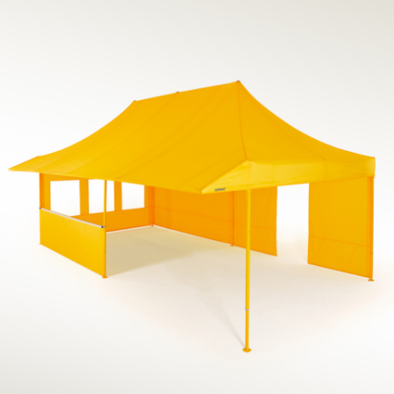 Gazebo 8x4 m giallo con pareti laterali con porte e finestre, tettoia e struttura gialla Mastertent