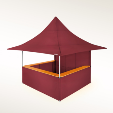 Folding gazebo 3x3 m bordeaux with awning, with half-height side walls with counter and a sidewall with roll-up door.
