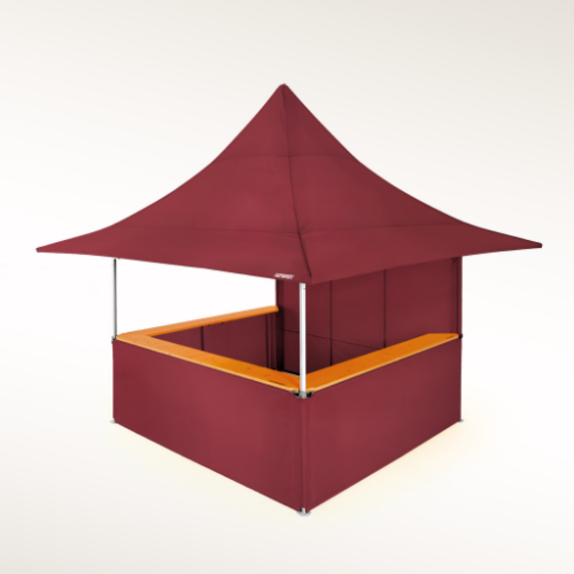 Carpa plegable 3x3 m bordeaux con voladizo, con paredes laterales a media altura con mostrador y una pared con puerta enrollable.