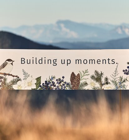 Der weiße Faltpavillon mit Flachdach ist mit Waldmotiven, wie Vögel, Tannenzapfen und Blätter bedruckt. Darüber steht "building up moments".