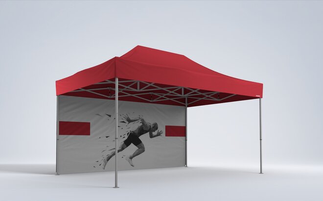 3D rendering of a 4.5 x 3 m red gazebo with a customised printed side wall