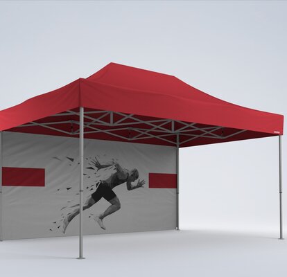 Rendering 3d di un gazebo rosso 4,5 x 3 m  con una parete laterale personalizzata con stampa