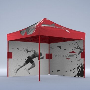 Ein Faltpavillon mit rotem Dach und Bedruckung mit Läufer von der Firma Running Team