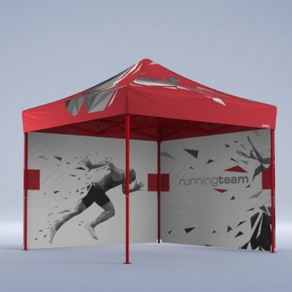 Ein Faltpavillon mit rotem Dach und Bedruckung mit Läufer von der Firma Running Team