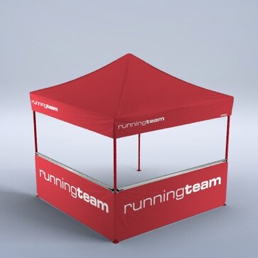 The logo "runningteam" is printed with the thermal transfer printing technique on the roof of a red gazebo. 
