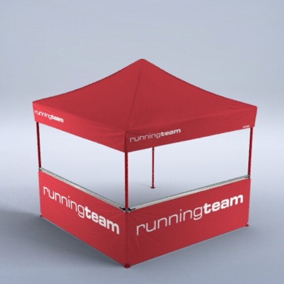 Gazebo pieghevole rosso 3x3 m stampato con logo bianco "runningteam" in stampa termica. Gazebo munito di quattro pareti laterali a mezza altezza. 