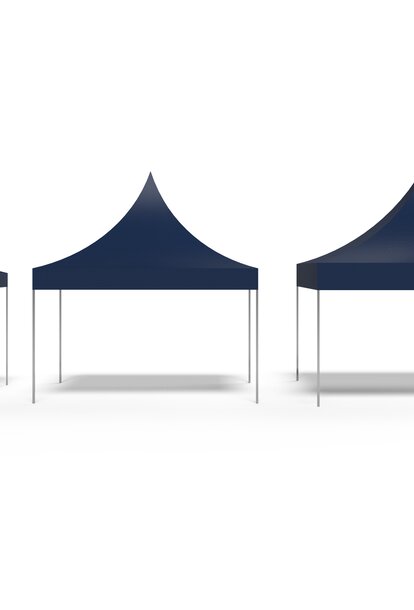 Three blue gazebos stand next to each other. They are 3x3 m, 4x4 m and 5x5 m in size.