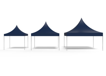 Three blue gazebos stand next to each other. They are 3x3 m, 4x4 m and 5x5 m in size.