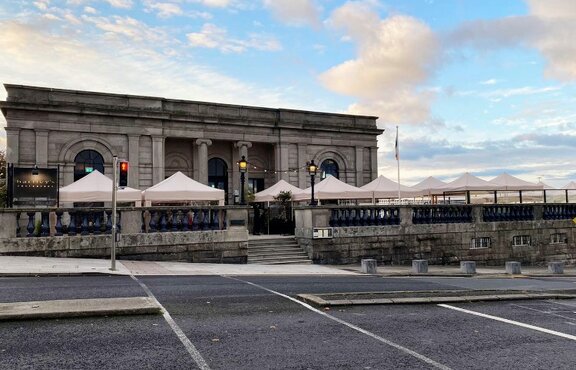 The gazebos in ecru are on the terrace of Hartley's restaurant in Ireland.