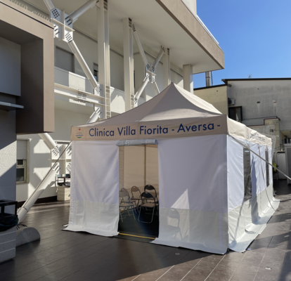 Rescue tent in front of the hospital "Clinica Villa Fiorita" in Italy.