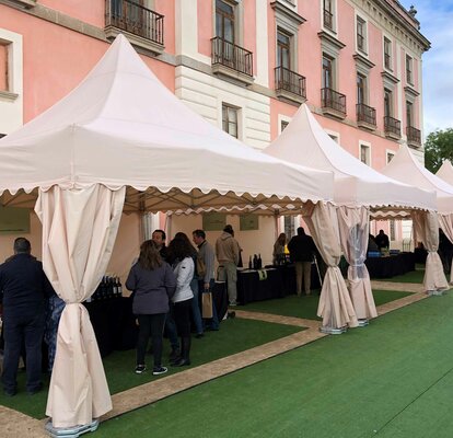 There are four white folding gazebos in front of a building. There are many people under and next to the tents, a wine tasting is taking place.