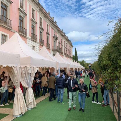 Hay diez carpas plegables blancas delante de un edificio. Hay mucha gente debajo y al lado de las carpas, se está realizando una cata de vinos.