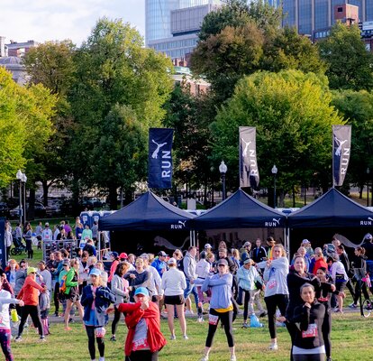 On a lawn there are three black 3x3 m folding gazebos with flags on the roof. The roofs, flags and sidewalls are customised with the Puma logo. 
