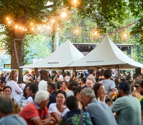 Padiglioni per festival del sistema modulare Mastertent con tettoia in bianco.