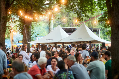 Sistema modular Mastertent pabellones para festivales con toldo en blanco.