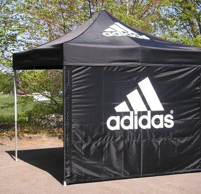 Folding gazebo 3x3 m black with one side wall customised with Adidas printed logo