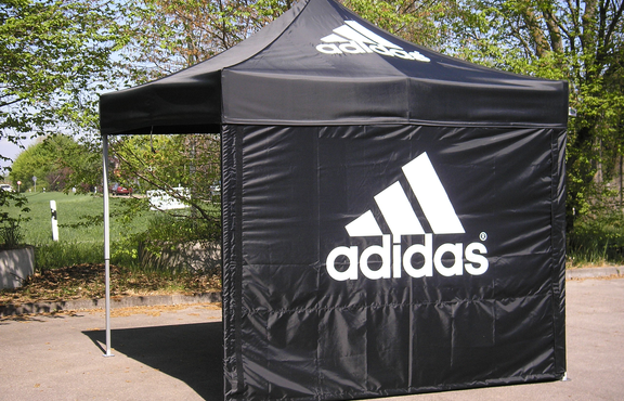 Folding gazebo 3x3 m black with one side wall customised with Adidas printed logo