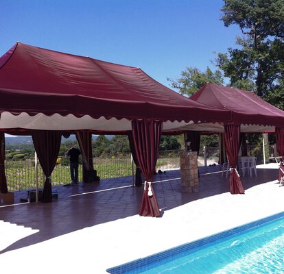 Elegant burgundy gazebo with pole cover curtains for terrace, pool and elegant event