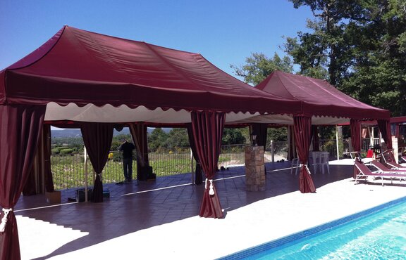 Elegant burgundy gazebo with pole cover curtains for terrace, pool and elegant event