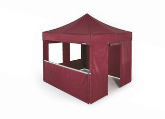 MASTERTENT gazebo quality series S2 in bordeaux. The gazebo consists of several walls including windows, doors and walls at half height. 