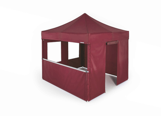 Carpa plegable Mastertent 3x3 m bordeaux de la serie 2. La carpa tiene varias paredes laterales con ventanas, otras con puertas y paredes a media altura.