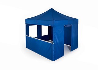 Gazebo pieghevole MASTERTENT blu della serie di qualità S1. Il gazebo pieghevole ha diverse pareti laterali, tra cui finestre, porte e banconi.