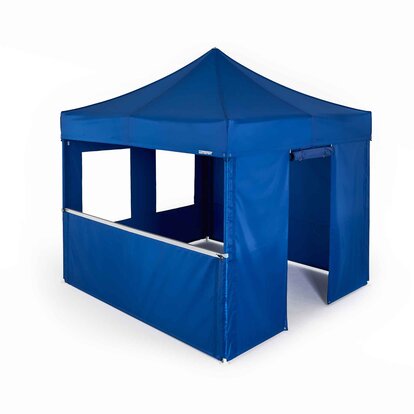 Gazebo pieghevole MASTERTENT blu della serie di qualità S1. Il gazebo pieghevole ha diverse pareti laterali, tra cui finestre, porte e banconi.