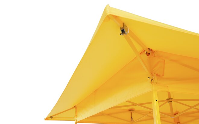 The yellow gazebo has a yellow awning. Moreover the construction of the gazebo is displayed in detail.  